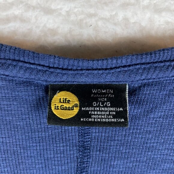 Life is Good Thermal Top Womens Large Blue Cotton Feather Print Relaxed Fit 9619 - Picture 3 of 7